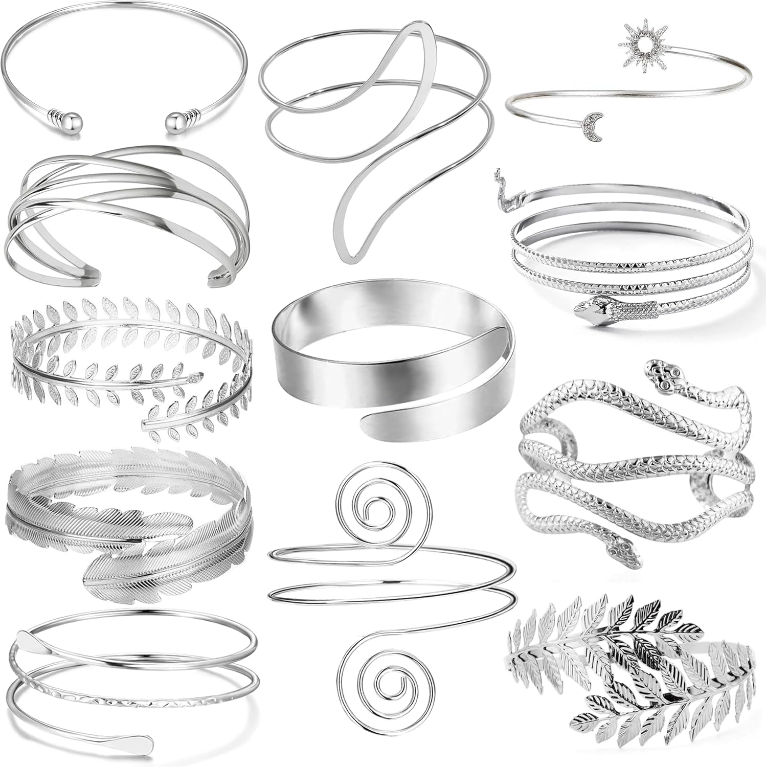 GIFIKOI 12 Pcs Arm Cuff Bracelets for Women Boho Upper Arm Bands Leather Armband Armlet Feather Cuff Bangle Bracelet Open Golden Arm Cuffs Set