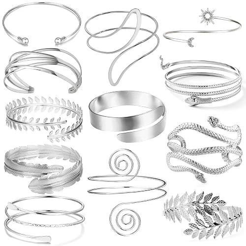 GIFIKOI 12 Pcs Arm Cuff Bracelets for Women Boho Upper Arm Bands Leather Armband Armlet Feather Cuff Bangle Bracelet Open Golden Arm Cuffs Set - Silvery