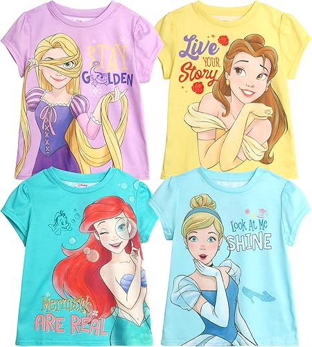 Disney Girls T-Shirt 4 Pack Cute Minnie Mouse and Princess Short Sleeve Shirts Princess Tee Gift Set for Girls