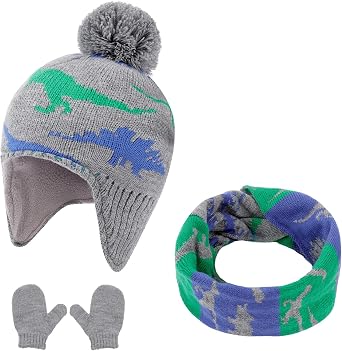 ACTLATI Winter Dinosaur Boy Winter Hat Scarf Mittens Set Warm Beanies Earflap Fleece Pompom Lining Cap for Toddler Kids