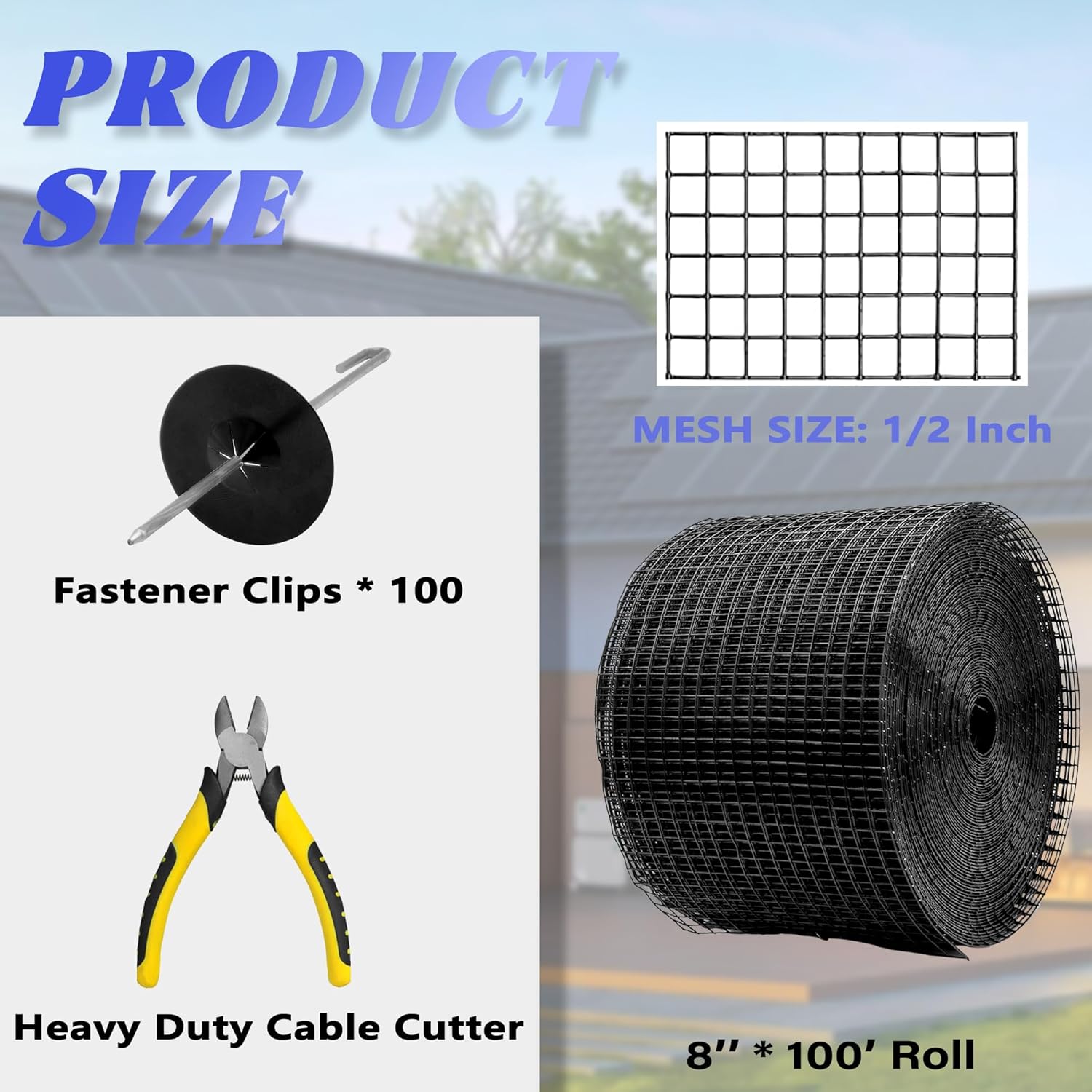 PROLEE 8 Inch X 100FT Solar Panel Bird/Critter Guard Anti-Rust with 100 Fastener Clips Rooftop Solar Panel Bird Wire Screen, Removable Without Damage