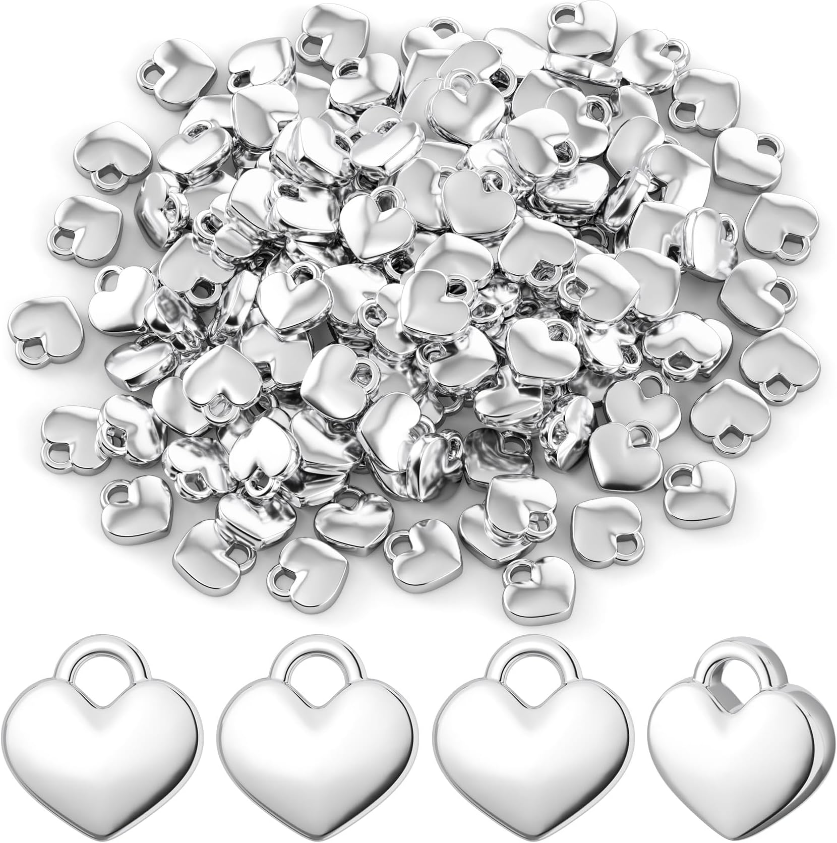 Joez Wonderland 150pcs Mini Silver Metal Heart Charms for DIY Jewelry Making - Pendants, Beads for Necklace, Bracelet, Earring, Wedding & Christmas Ornaments