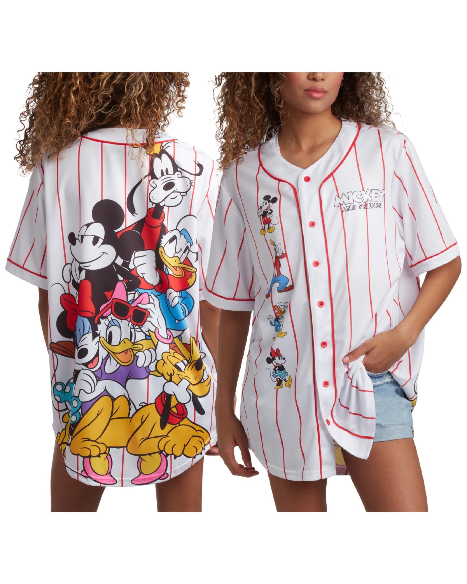 Disney Womens Baseball Jersey - Mickey Mouse Lightning McQueen Marie, Lilo and Stitch Womens Baseball Shirt, Size Large, Mickey & Friends White/Red