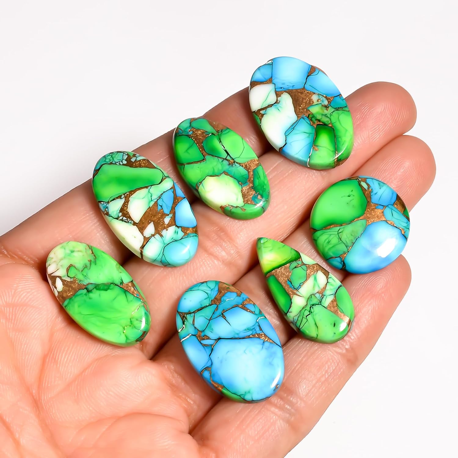 (3pcs Green Oyster Copper Turquoise Cabochons Gemstone Wholesale Bulk Lot, Jewelry Making Loose Polished Gems, DIY, Wire Wrapping, Flat Back, Birthstone Crystal, 20-25mm