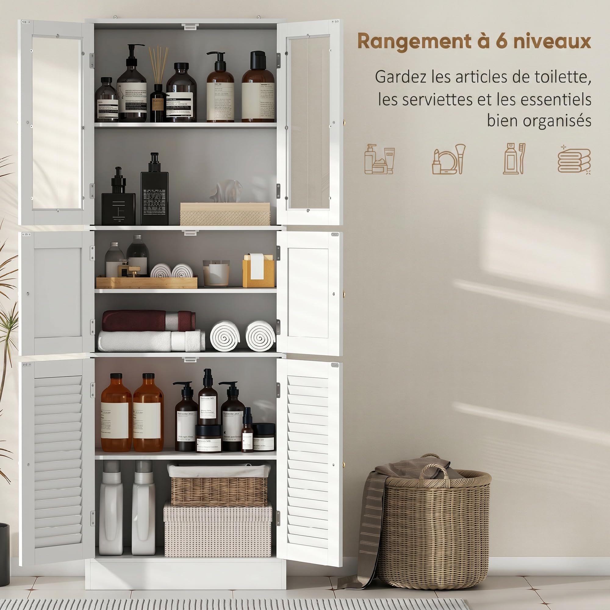 HOMCOM Mobile Bagno Alto Slim con 3 Armadietti a Maniglie, Mobiletto Bagno Salvaspazio con Ante Magnetiche in Vetro, a Persiana e Ripiani Regolabili, per Sala da Pranzo Soggiorno, 60x30x170cm, Bianco