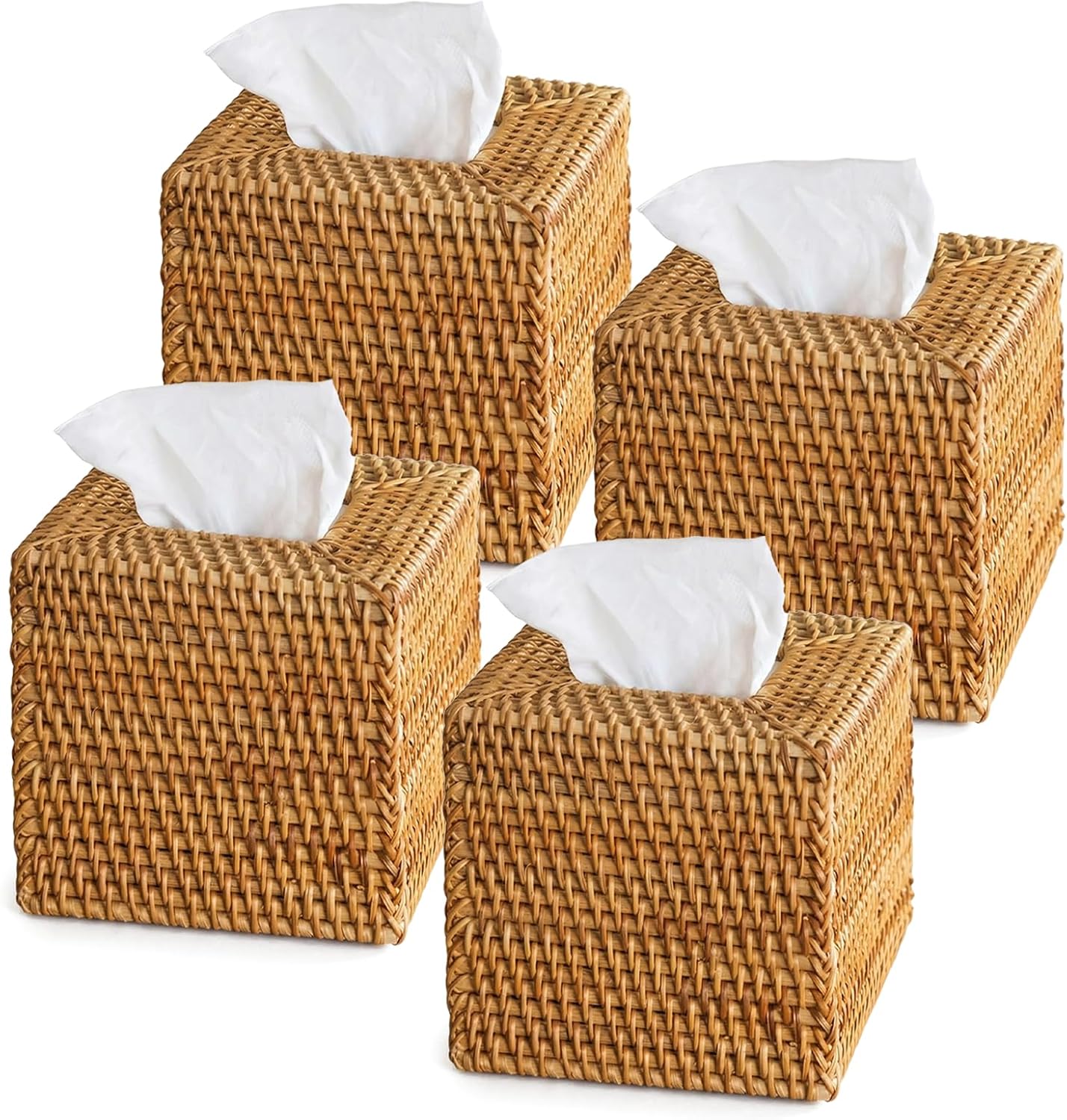 Rattan Tissue Box Cover, Natural Woven Wicker Tissue Box Holder Square, Simple & Cozy Boho Decorative Facial Napkin Holder for Bathroom Living Room Kitchen Desk, 5.5x5.5x5.9 Inch-4 Pack, Local Stock