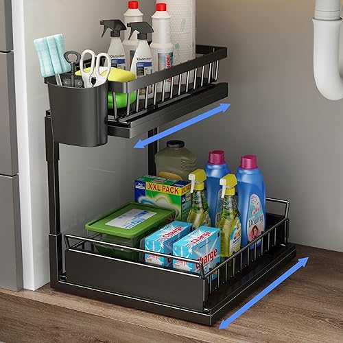 Organizador de metal para debajo del fregadero, 2 niveles, doble deslizante, almacenamiento debajo del fregadero para cocina y baño, color negro