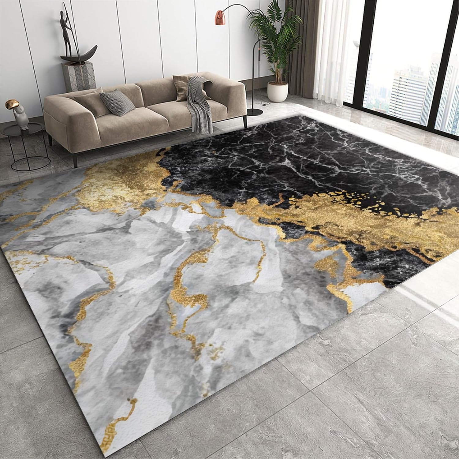 CALLNA Black and White Marble Texture Area Rug, Modern