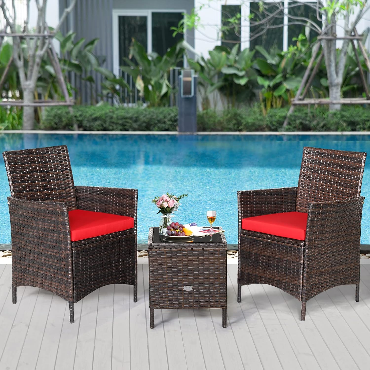 COSTWAY 3 Pieces Patio Rattan Furniture Set, Outdoor Wicker Cushioned Sofa with Tempered Glass Tabletop, Rattan Conversation Set for Porch Yard Balcony Backyard Pool, Red