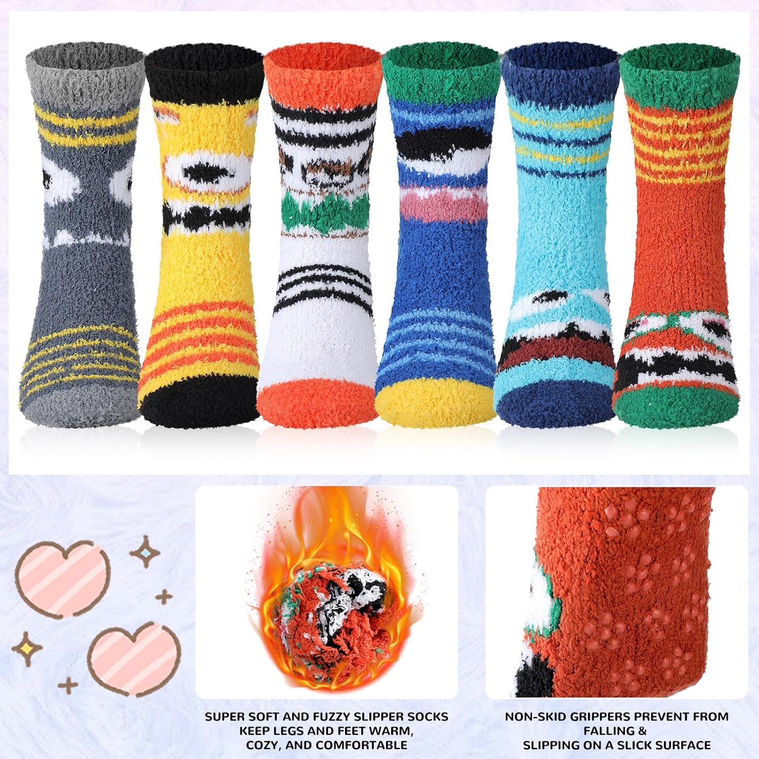 Jinei 6 Pairs Boy Monster Fuzzy Slipper Socks with Grips Cozy Non Slip Warm Socks Winter Birthday Gifts for Kids Boys Girls 6-10