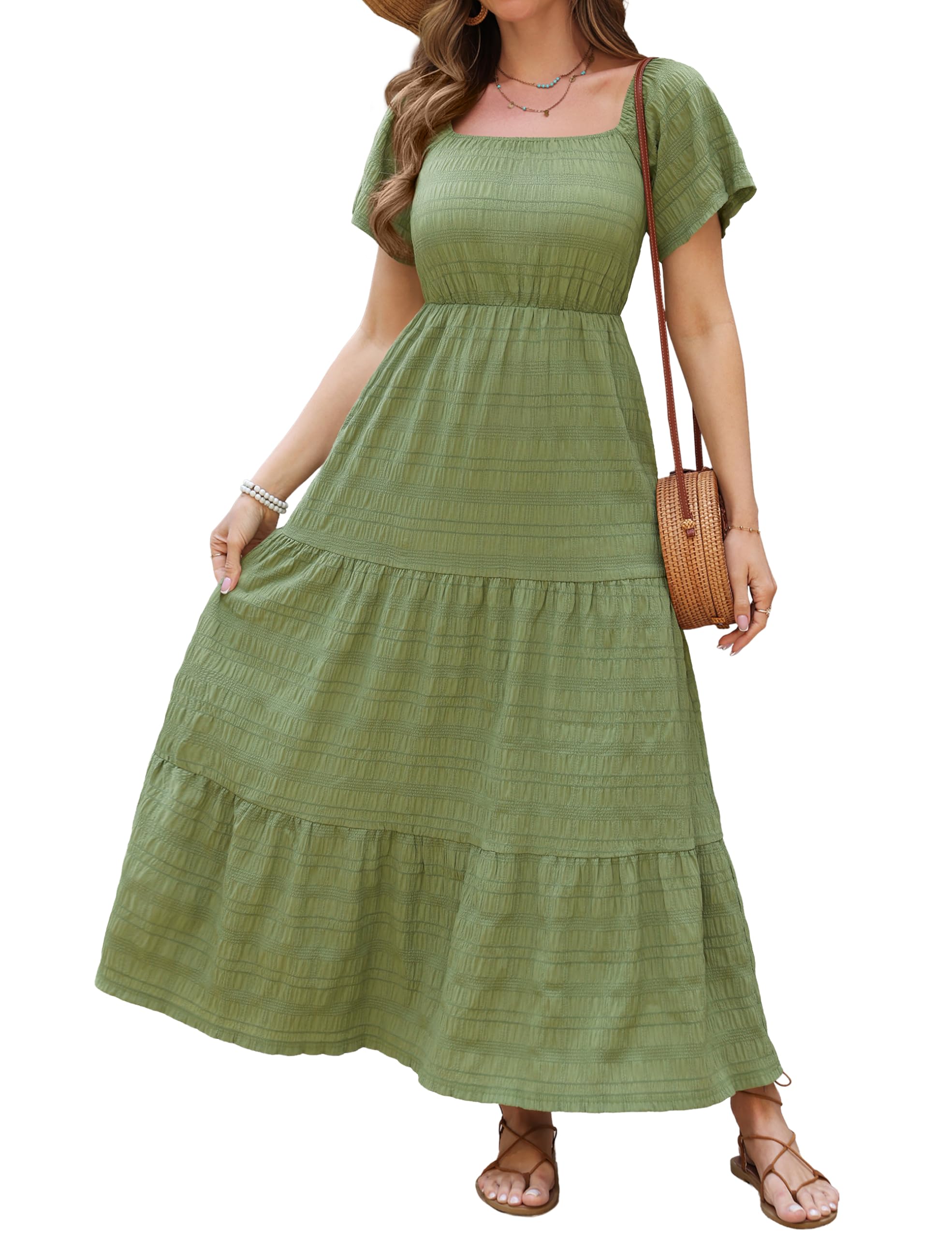 VERABENDI Women's Off Shoulder Summer Casual Long Ruffle Beach Maxi Dress with Pockets