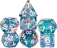 Vista 32 de Juego de dados de resina para DND, juego de 7 dados poliédricos negros D&D rellenos con papel de colores brillantes para juegos de rol