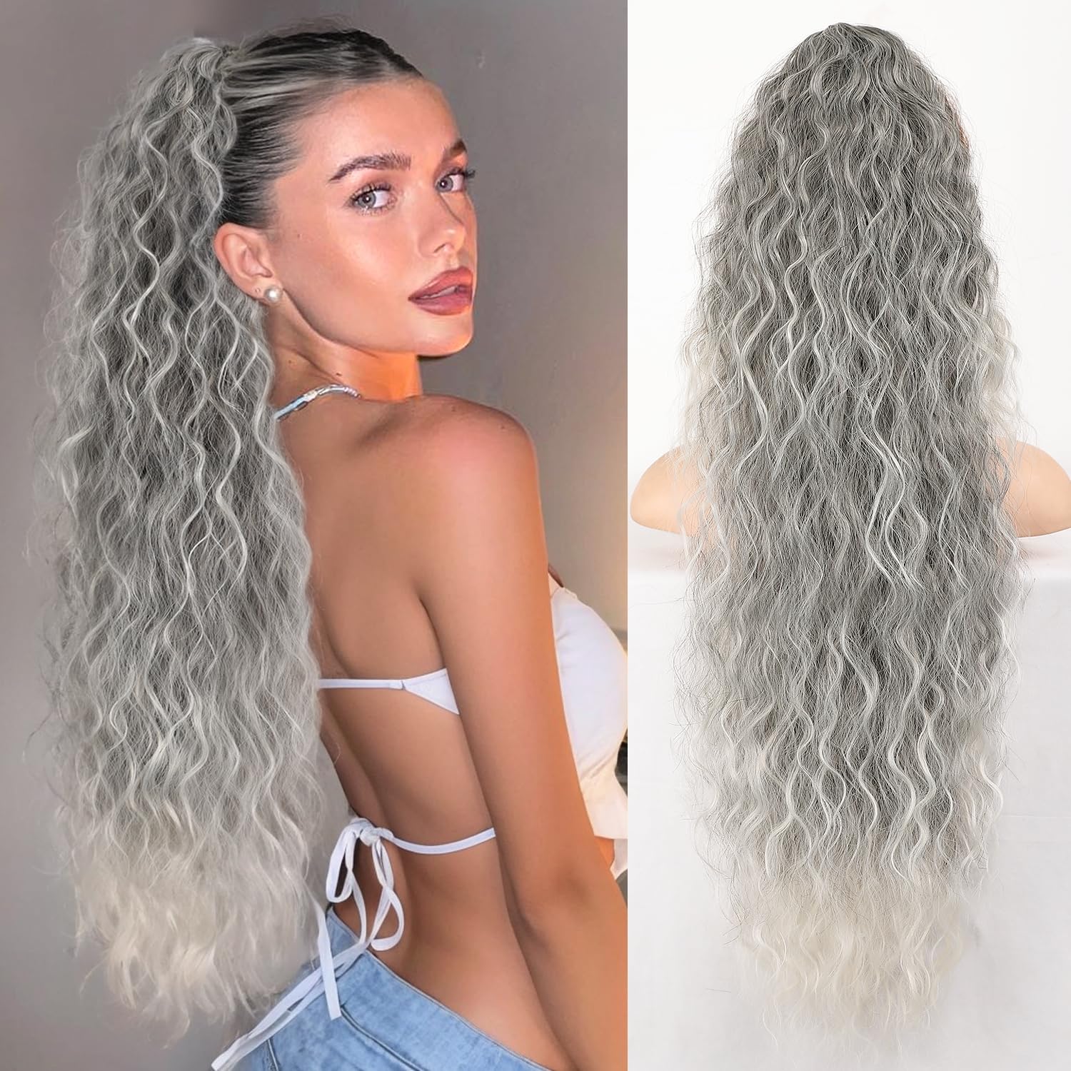 Isaic 30 Inch Claw Clip Ponytail Extension for Women, Long Wavy Pony Tails Hair Extensions Fluffy Natural Synthetic Hairpiece Gorgeous Clip on Ponytails for Daily Use(Ombre Gray)