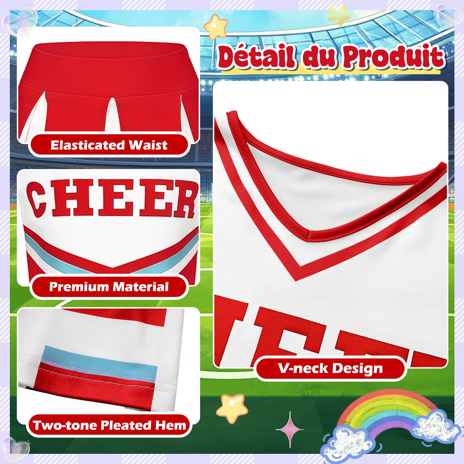 Luckyou Deguisement Pompom Costume De Cheerleader Déguisement Uniforme de Pom-pom avec Pompoms Chaussettes pour Halloween Mascarade Carnaval - 4