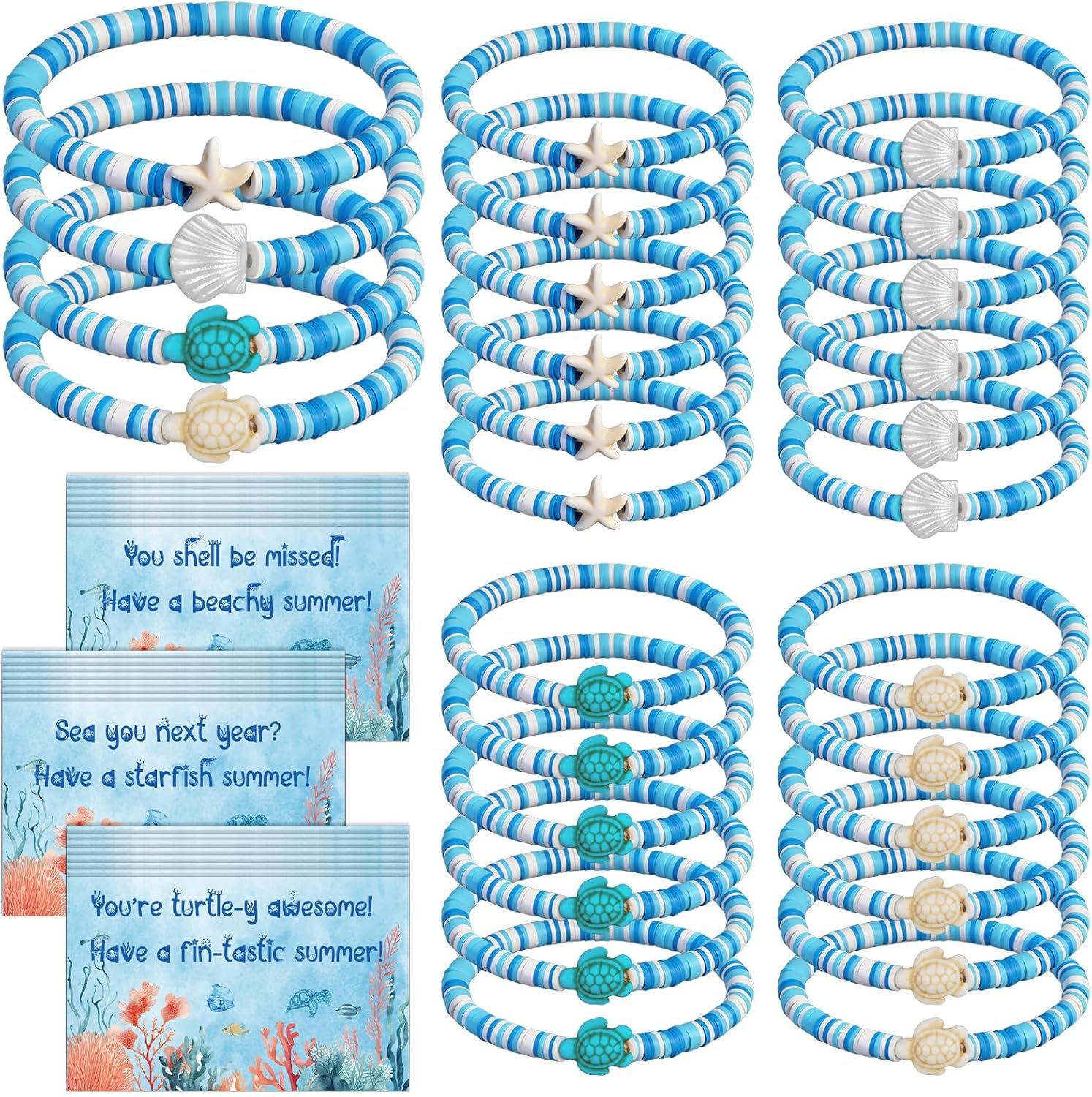 24 Sets Under the Sea Party Favors Sea Shell Turtle Beads Bracelet with Summer Cards Ocean Polymer Clay Beaded Bracelets Bulk for Boho Summer Hawaiian Beach Vacation