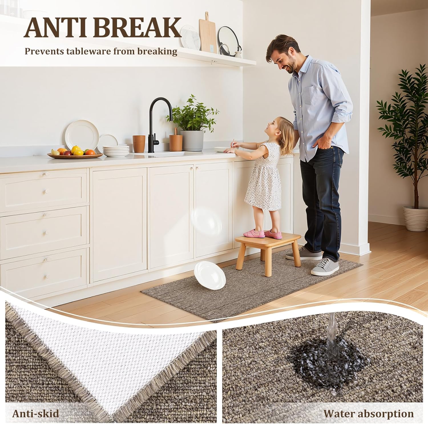 Pauwer Kitchen Mats for Floor 3 Piece Set Non Slip Kitchen Rugs Washable Farmhouse Kitchen Floor Mats Thick Long Area Rug Carpet Runner for Hallway Entryway Laundry Bathroom, Brown