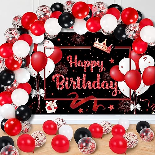 81 piezas de decoración de fiesta de cumpleaños rojo y negro, pancarta grande roja de feliz cumpleaños y 80 piezas de 12 pulgadas, kit de guirnalda
