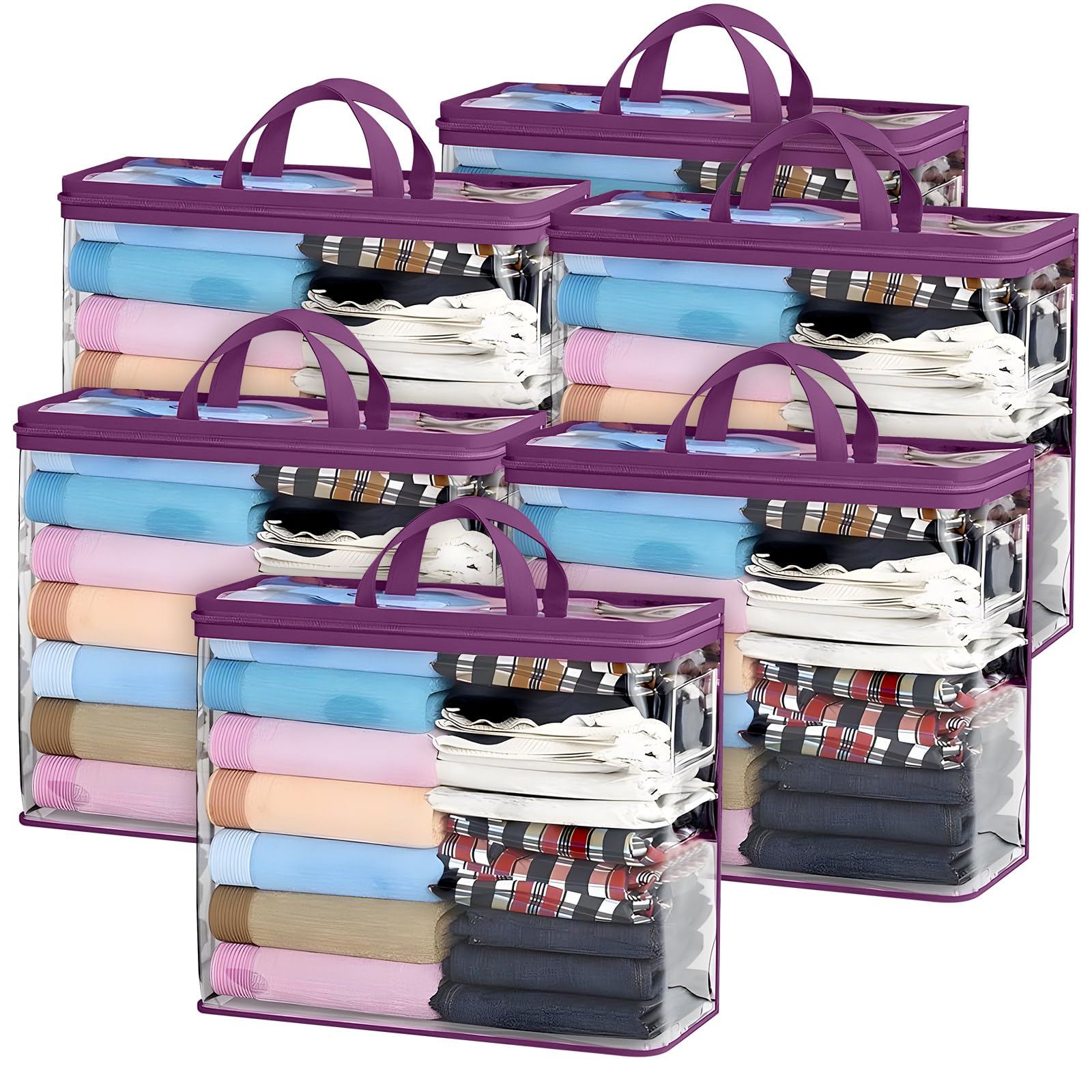 6 Pack Clothes Storage Bag, Clear Zippered Storage Bag, 22L Clothing & Wardrobe Storage Reinforced Handle Storage Bags Dustproof Moving Foldable Space Saving Handbags for Clothing Bedding Blanket - P