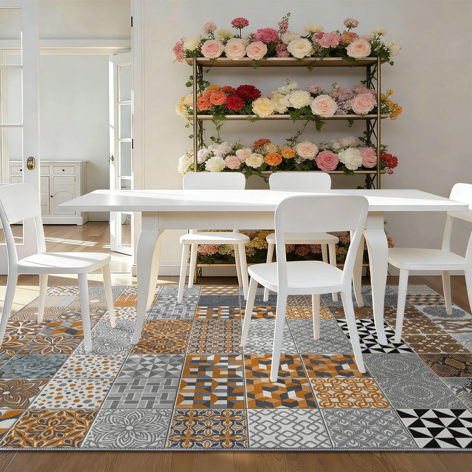Tapis à poils ras de salon 100 x 150 cm, Antique Brun Lavable en Machine Carreaux De Céramique Géométriques Floraux Mailles Imprimé moquette, Pare-humidité Antidérapante Doux Tapis pour Salle à manger