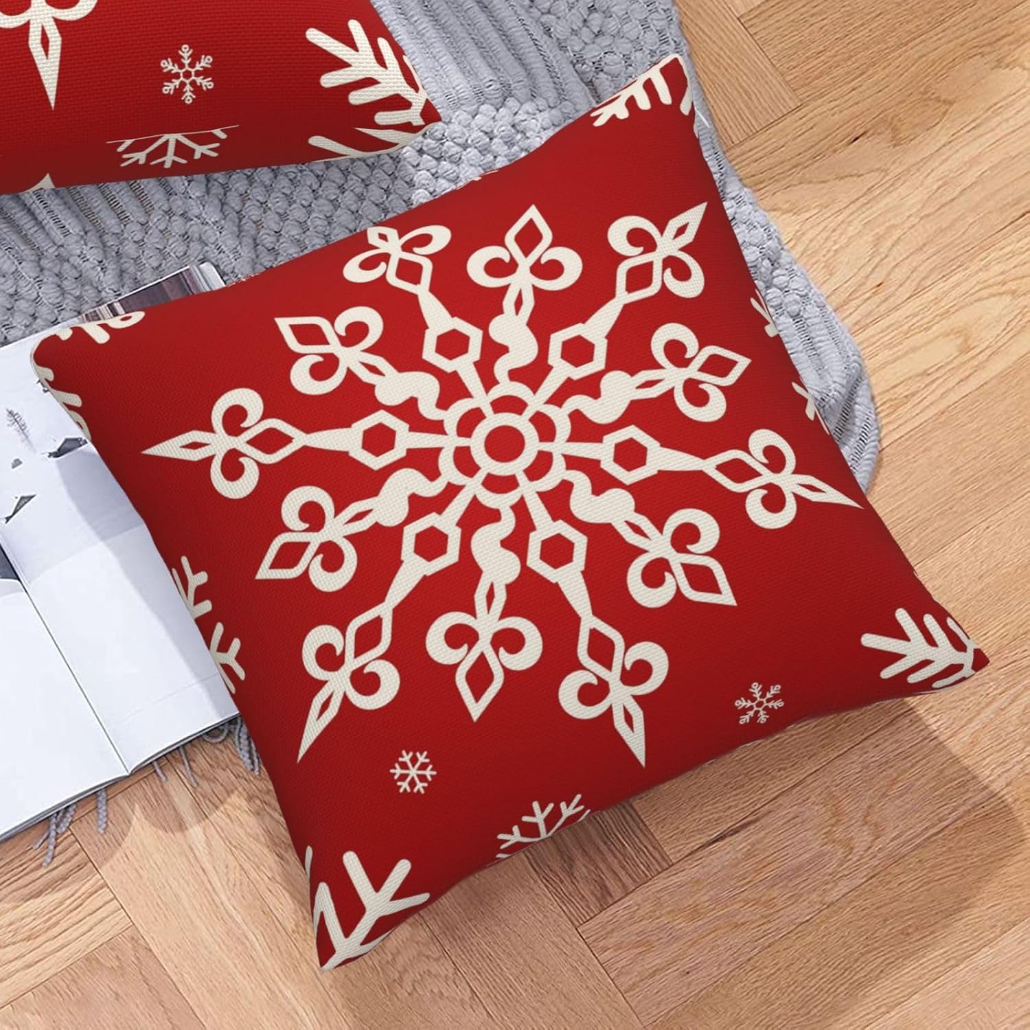 Snowflakes Throw Pillow Covers 18x18 Inch Set of 2 Christmas Red Winter Square Decorative Pillowcases Orange Cushion Cover for Sofa Couch