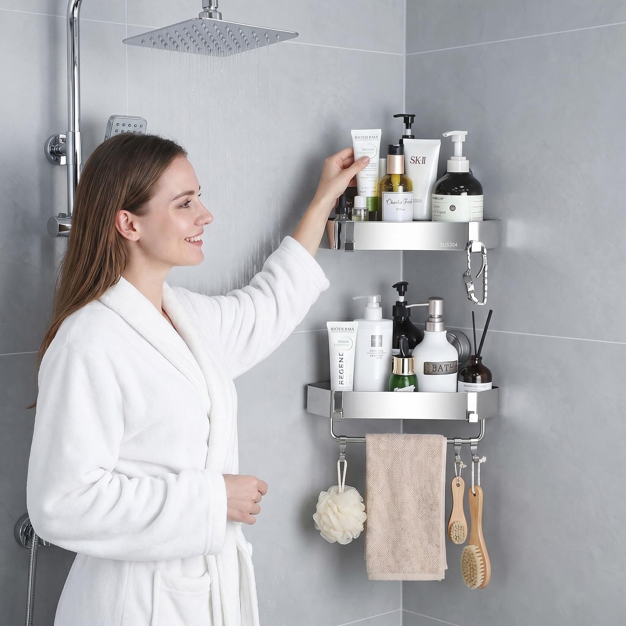 Photo 1 of 2 Pack Shower Caddy Suction Cup, Triangle Corner Shower Shelves No Drilling,304 Stainless Steel Organizer with Towel Bar & Removable Hooks, Bathroom Shelf Rack for Inside Showers, Rustproof Wall Mount
