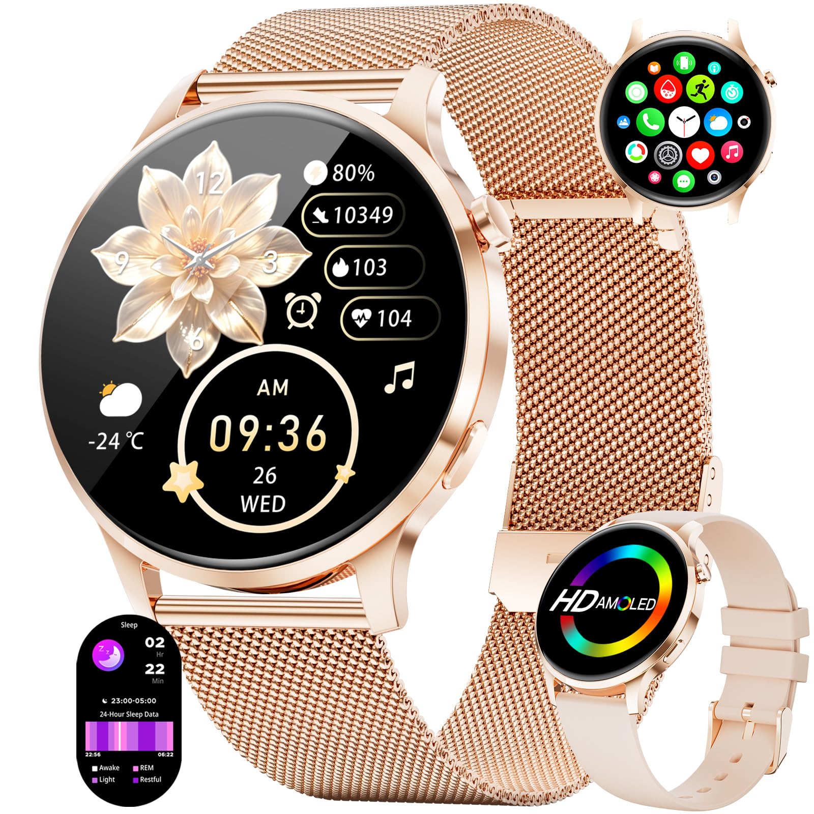Montre Connectée Femme Ronde, Smartwatch Femme Ultrafin 7,99 mm 1,32" Écran Clair Appel Bluetooth, Montre Intelligente Santé Féminine Fréquence Cardiaque SpO2 Fitness Podomètre (Or Rose)
