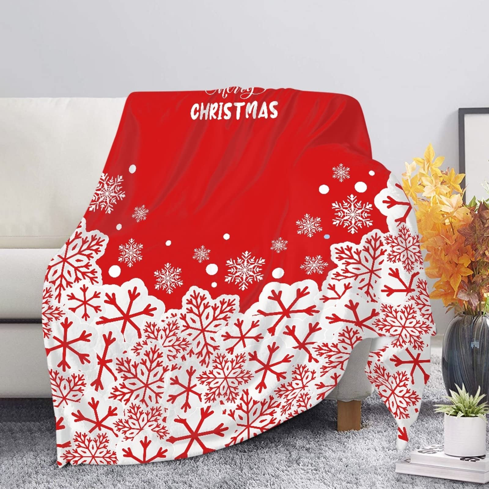 Kuiaobaty Christmas Snowflakes Blankets Red Large Throw Soft Fluffy Warm Light Microfiber Fabric Bedspreads for Queen Size Bed
