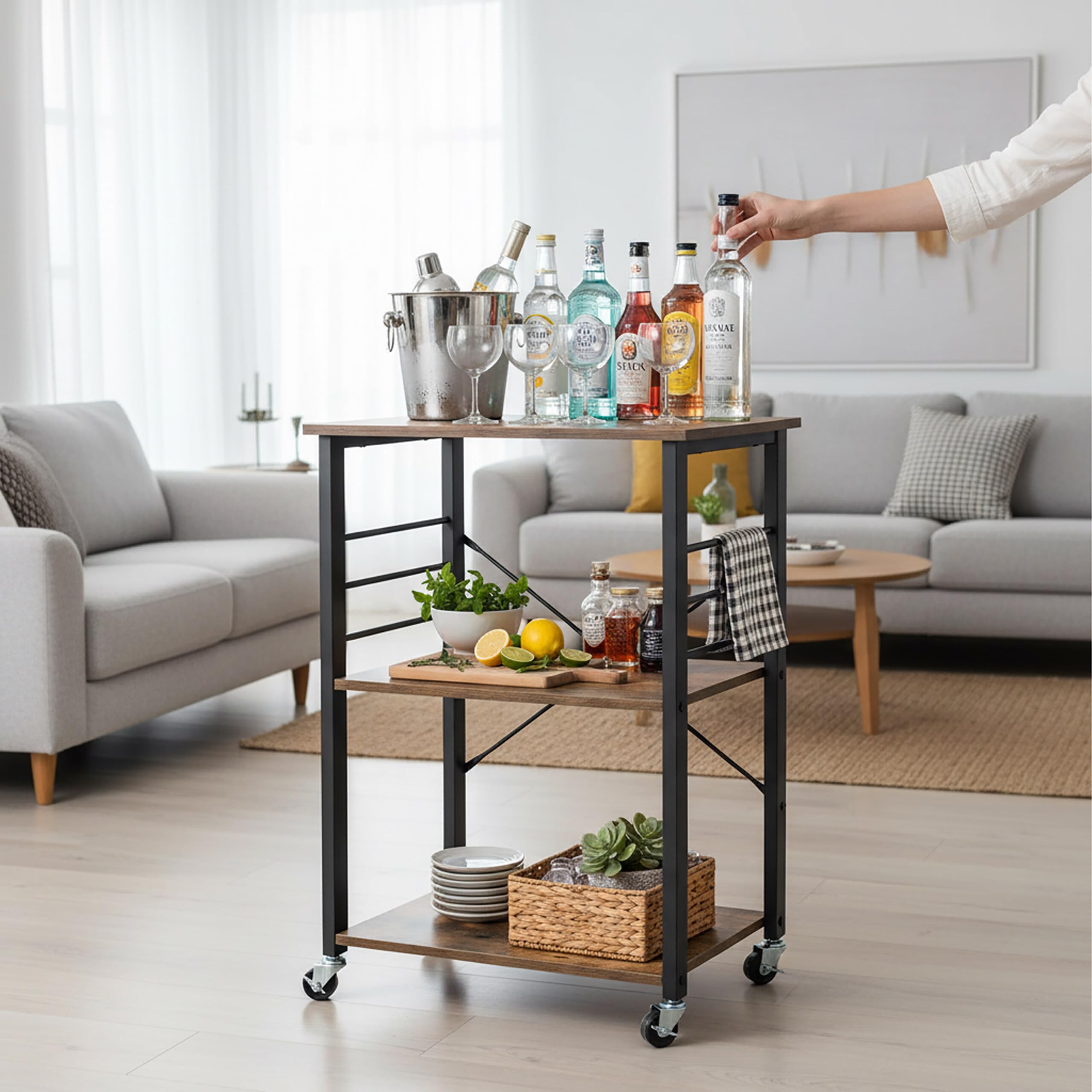 Relaxdays Carro de Cocina en Metal, 3 Niveles, 6 Ganchos, Ruedas, hogar y Oficina, 89x60x40 cm, marrón-Negro