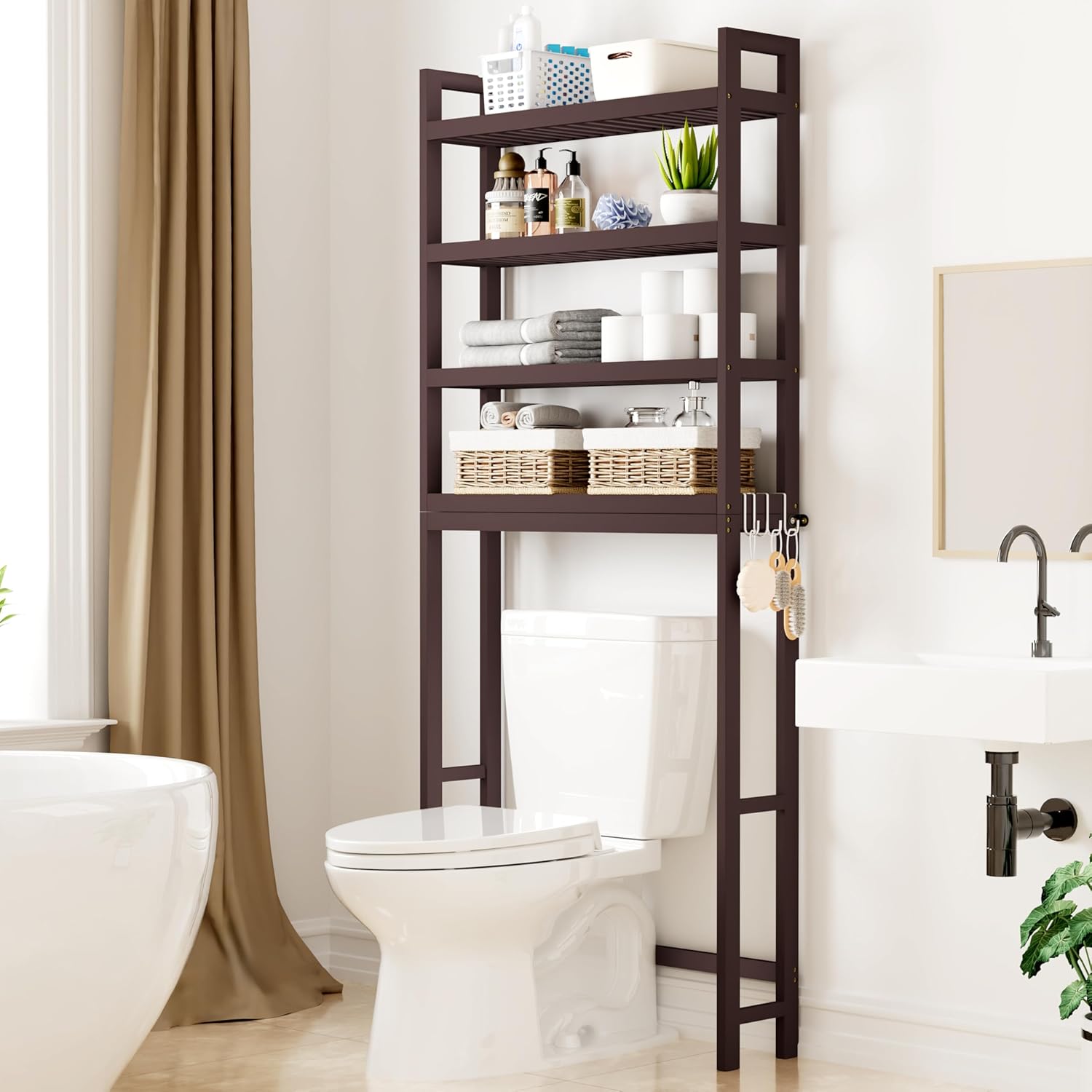Smiry Over The Toilet Storage, Bamboo 4-Tier Over Toilet Bathroom Organizer, Adjustable Bathroom Shelf, Space Saving, Stable Freestanding Storage Cabinet with 4 Hooks, Brown