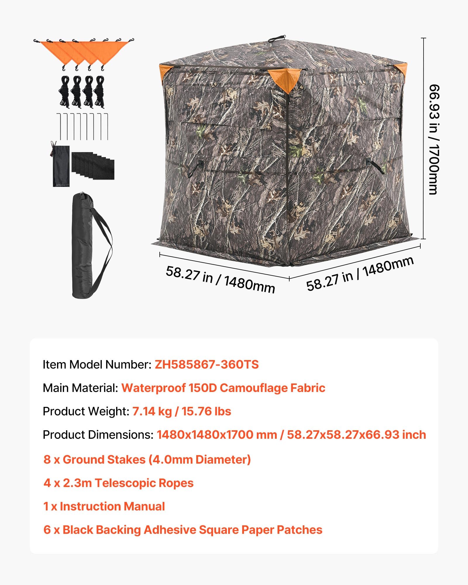 VEVOR Tenda da Caccia Portatile a 360 Gradi, Tenda da Caccia Trasparente per 2 o 3 Persone con Borsa per Trasporto, Riparo Nascosto Resistente con Porta Laterale Silenziosa e Finestra, per Tacchini