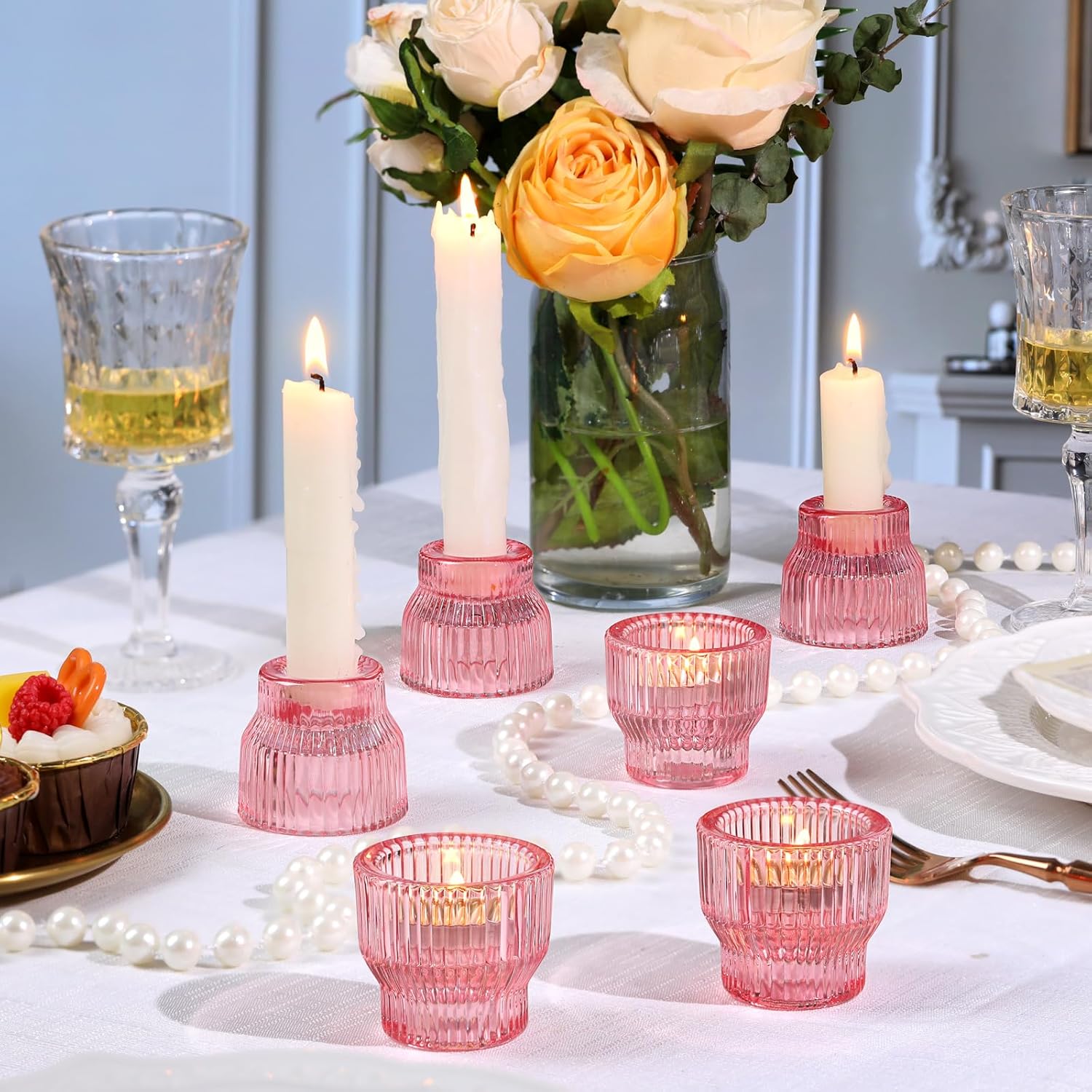 12pcs Pink Taper Candle Holders, Glass Candlestick Holders, Tea Light Candle Holder for Galentines Valentines Wedding Centerpieces Table Decor, Votive Candle Holders for Baby Shower - Image 3