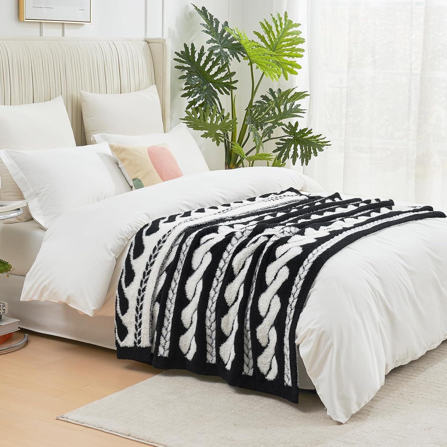 Amélie Home Knit Throw Blanket for Couch, Super Soft Fuzzy Cozy Throw, Giftable Knitted Blanket for Women Men, Birthday, Sofa Bed Living Room Decor, 50" x 60", Cable Black & White - Image 8