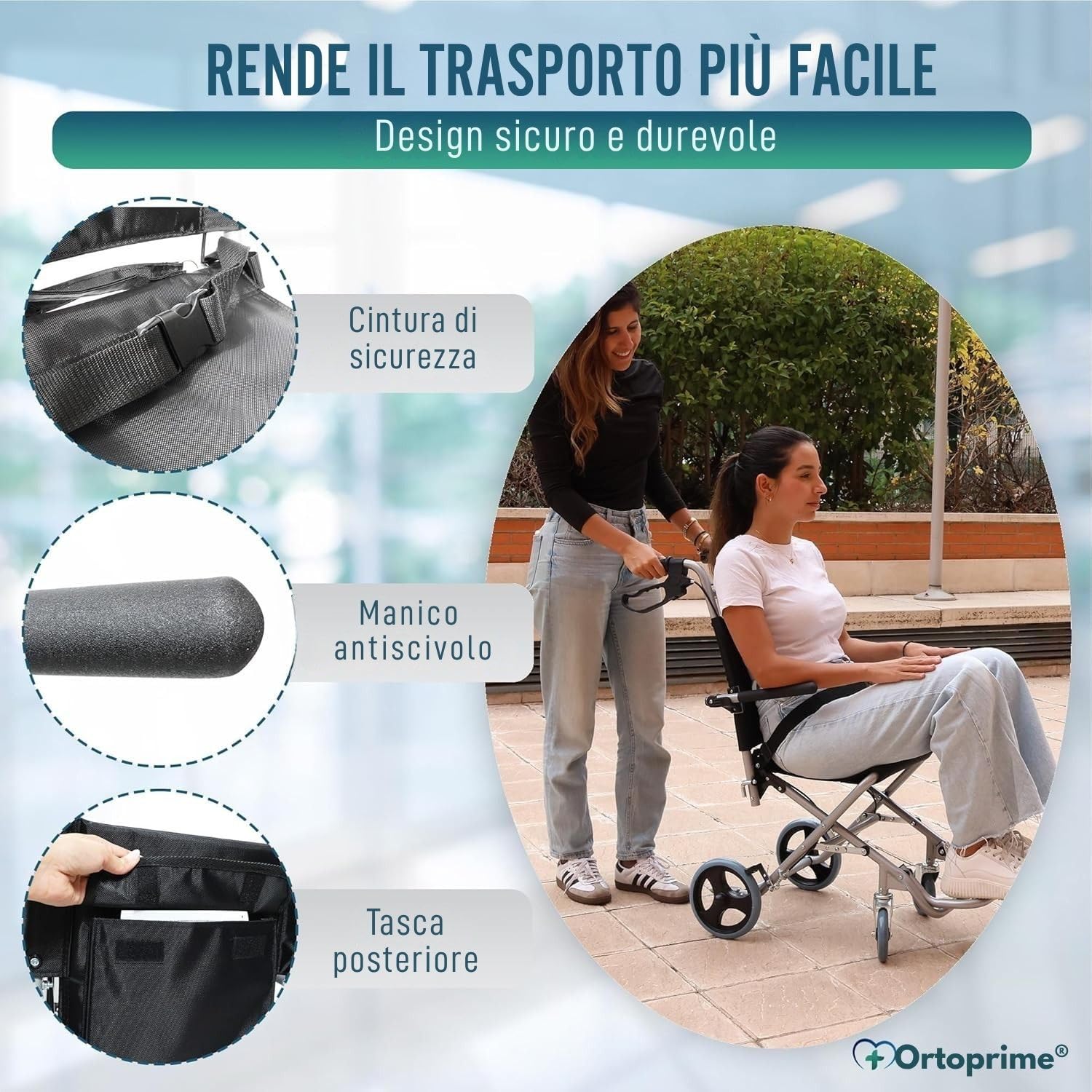 OrtoPrime carrozzina pieghevole disabili ultraleggera in ALLUMINIO – sedia a rotelle pieghevole per anziani – carrozzina per disabili stretta per casa e spazi ridotti – wheelchair pratica