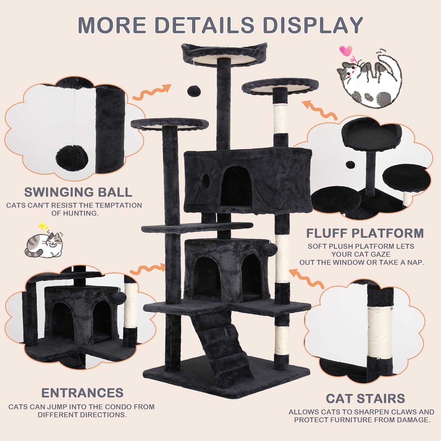 70'' Tall Multi-Level Cat Tree with Scratching Post, Platform, Condo, Tower and Funny Toy for Indoor Medium Cats