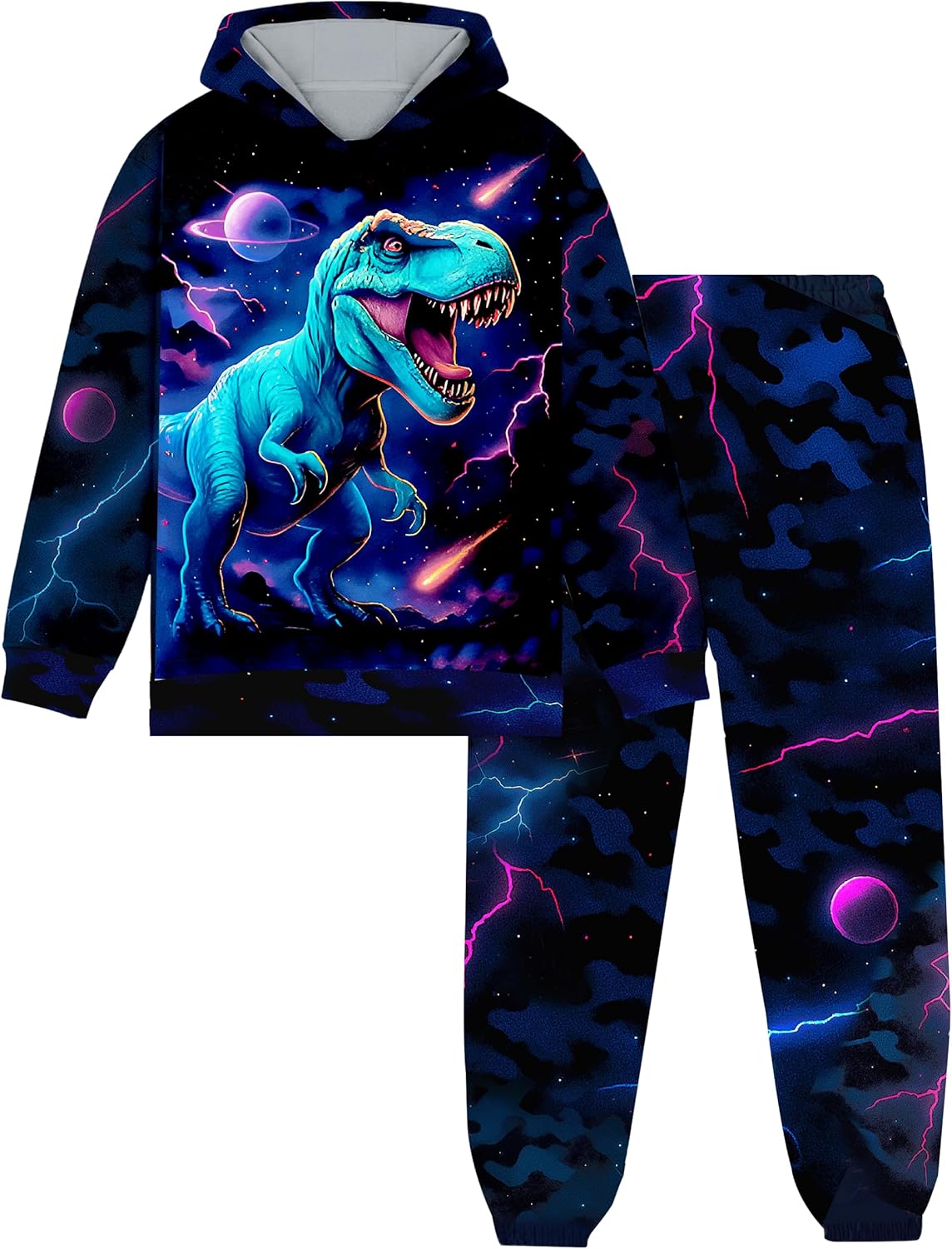Boy Clothes Long Sleeve Lightning T-Rex Dinosaur Print Hoodie Sweatshirt Cool Pants 2pcs Fall Outfits Set