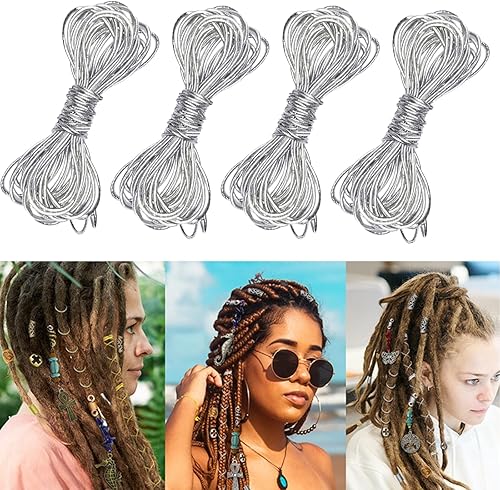 Paquete de 4 cuerdas elásticas de oropel metálico de 16.4 ft para trenzar el cabello, colgar adornos, decoración, envoltura de regalos (plateado)