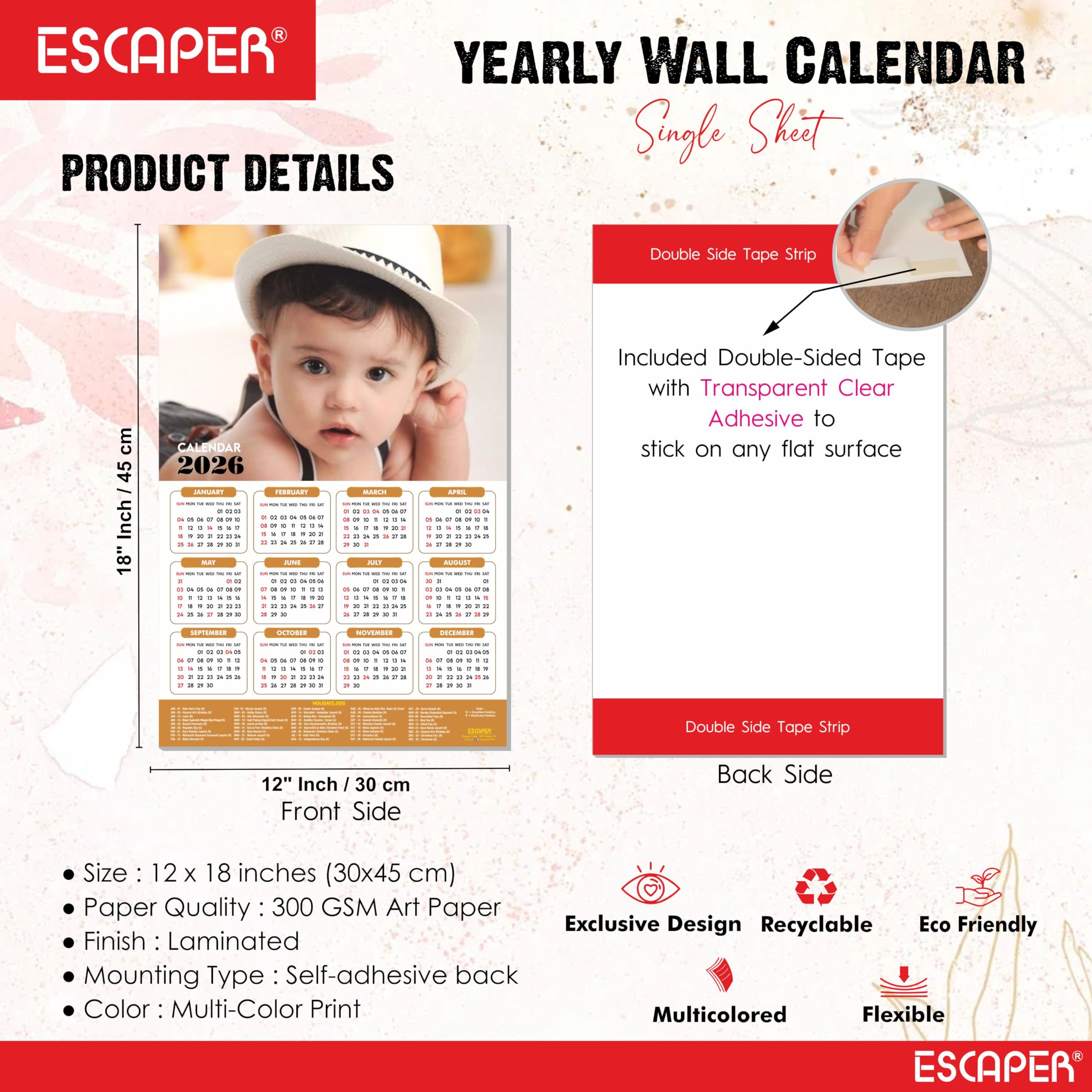 ESCAPER Bonito calendario de pared para bebé 2025 para mujeres embarazadas (45 x 30 cm), fotos de bebé colgando, calendario de pared para bebé 2025 para habitación de mujeres embarazadas, fotos de