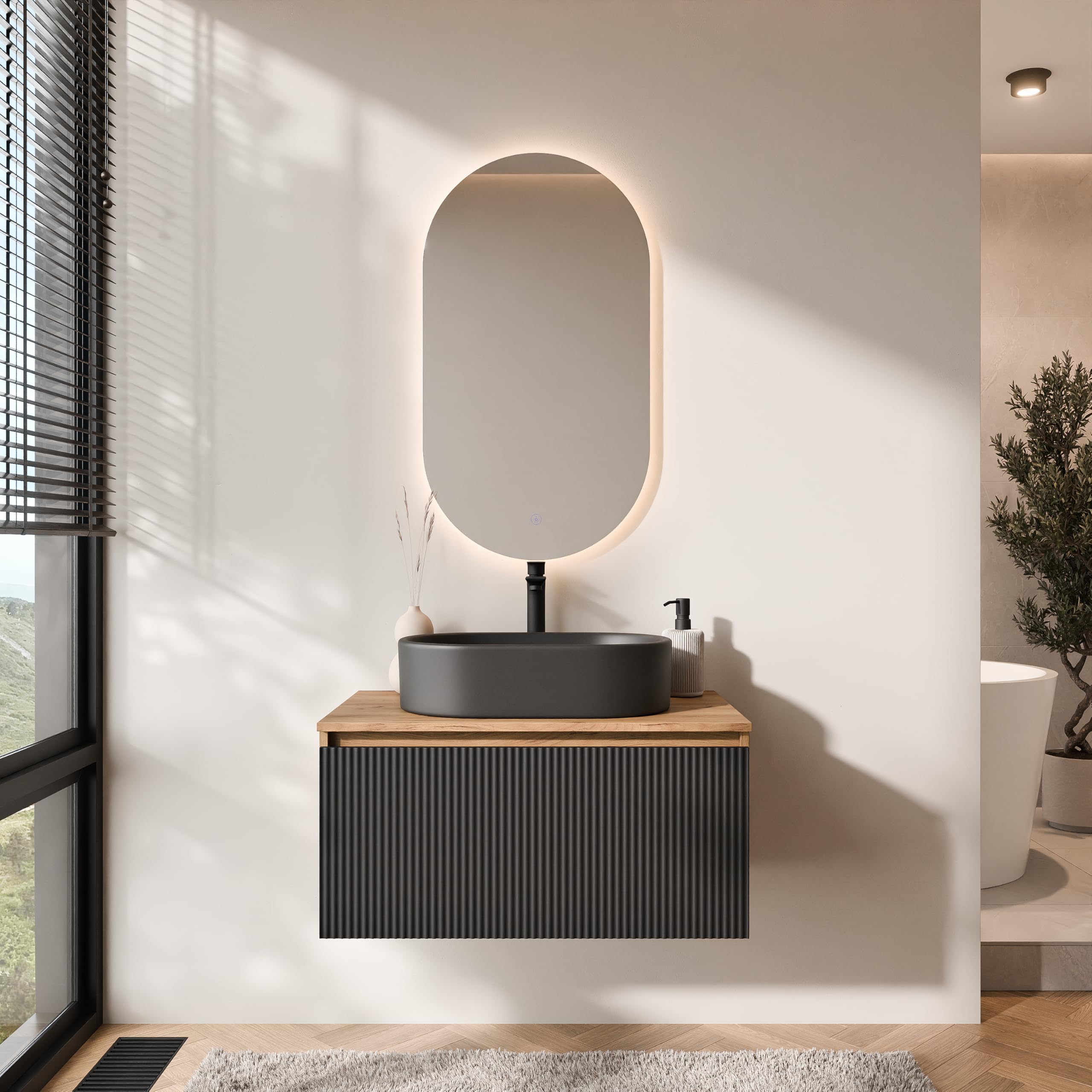 Planetmöbel Arisa Set di mobili da bagno Lavabo con mobiletto sottostante 80 cm Rovere dorato nero (scanalato) con specchio LED, Lavandino 55 cm nero, incl. Sifone salvaspazio