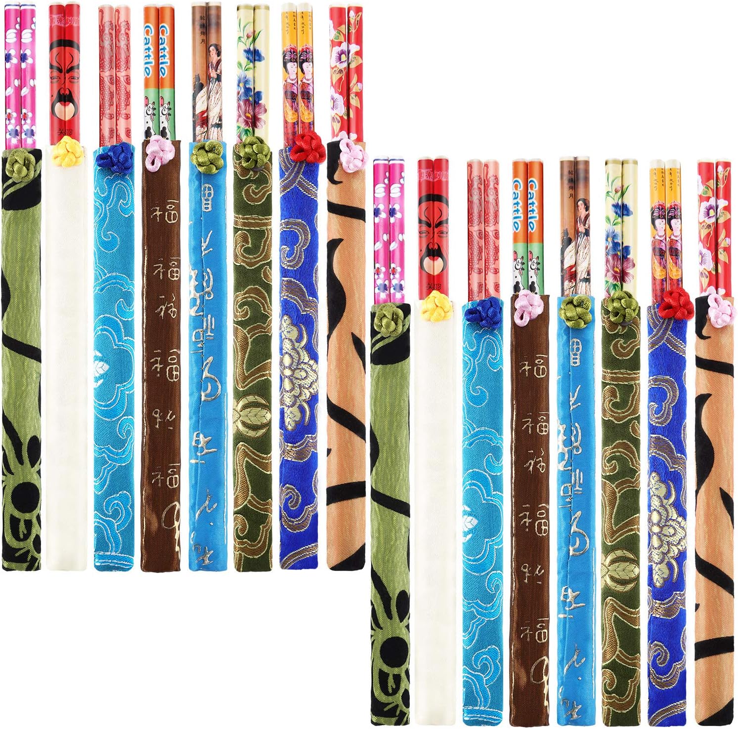 Hotop 20 pares de palillos chinos reutilizables de bambú con elegante estuche de brocado de seda multicolor para platos asiáticos, sushi, arroz y fideos chinos miniatura 1
