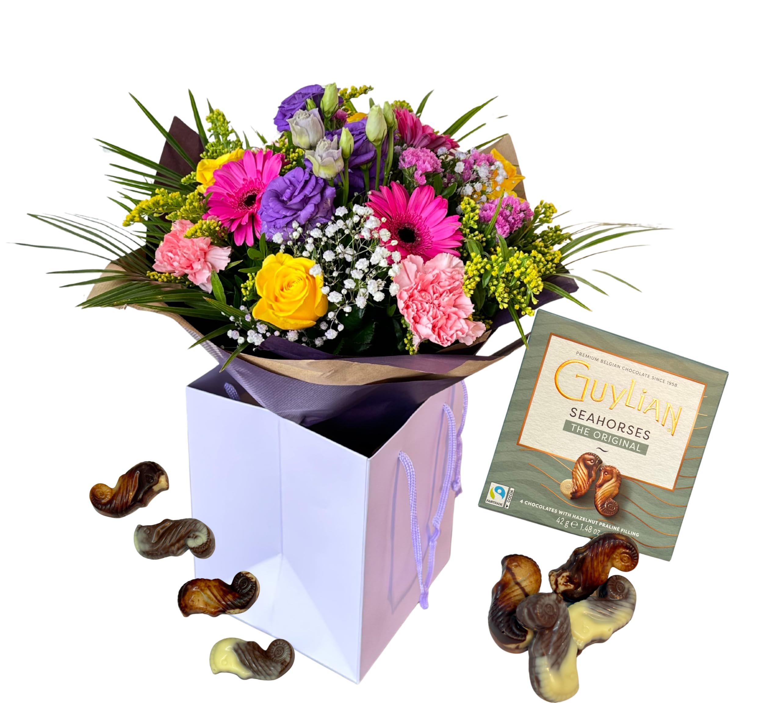Moonlight Fresh Flowers Bouquet Seasonal Blooms with Roses, Carnations, Cerise Gerbera, and Lisianthus – Handcrafted Floral Design, Gifting and Chocolate (Chocolate Gift)