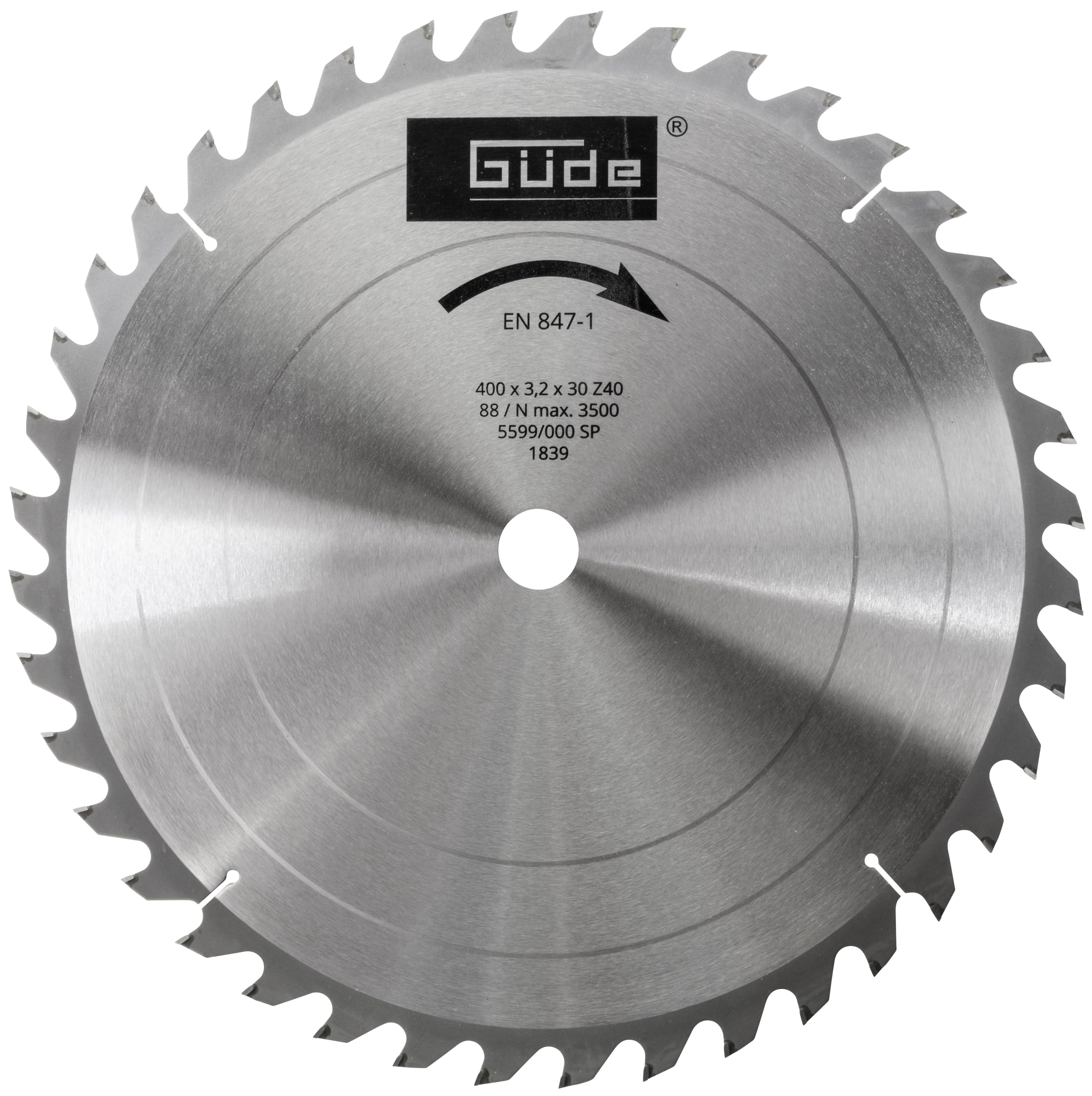Güde 1839 Brennholzsägeblatt HM 400x30x3,2x40Z (aus Hartmetall, 40 cm Durchmesser, 3 cm Sägeblattbohrung, 40 Zähne, 2,2 mm Sägeblattstärke, für max. Schnitte mit bis zu 3500 1/min)