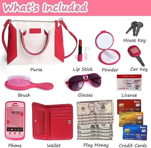 Miniatura 6 de Darice Bolso de juego para niñas pequeñas, bolso con accesorios, juguetes de moda para niñas, bolso de juguete, bolso de mano, teléfono de juguete,