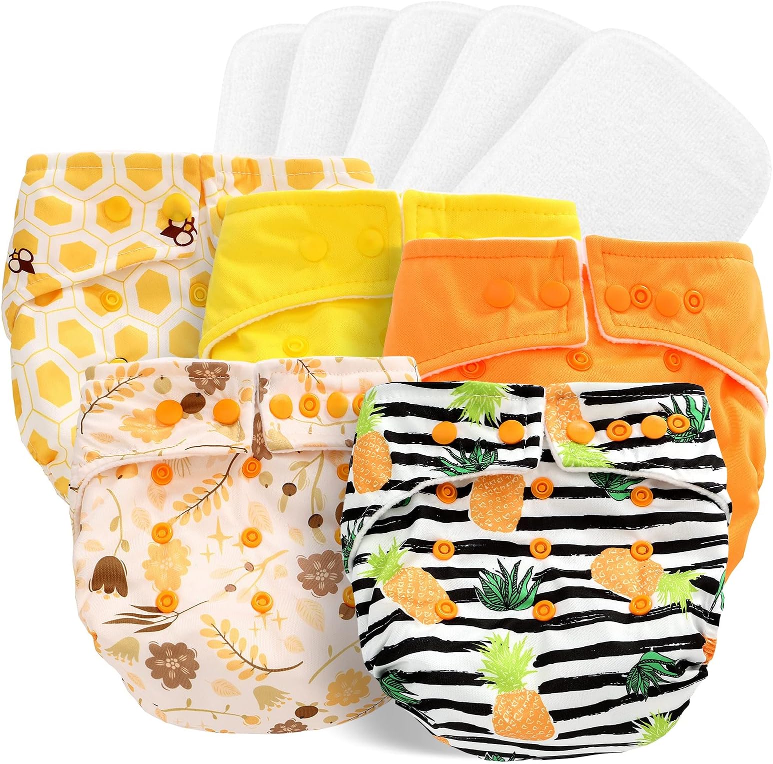 Miracle Baby Cloth Nappies for Babies 10 Pack Reusable Nappies Diapers Newborn 5 Cloth Diapers & 5 Washable Nappies Inserts Adjustable Super Absorbent Pocket Nappy for Infants (Yellow Bee)