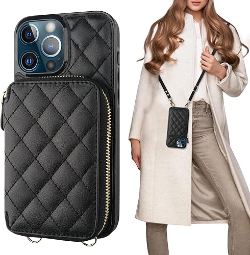 Miniatura 1 de Bocasal Funda tipo cartera cruzada para iPhone 13 Pro Max, con bloqueo RFID, de piel sintética, con cremallera, funda tipo cartera con función atril
