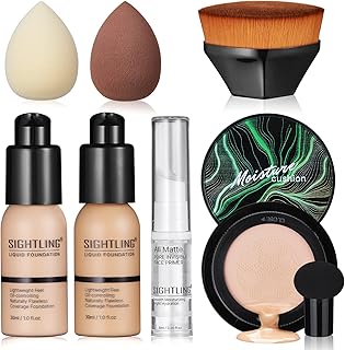 SIGHTLING 30ml Foundation Liquid Full Coverage 24HR Matte Oil Control Concealer (Nude & Buff Beige) with Face Primer & Air Cushion CC Cream Mushroom Head Foundation & Makeup Brush & Makeup Sponges