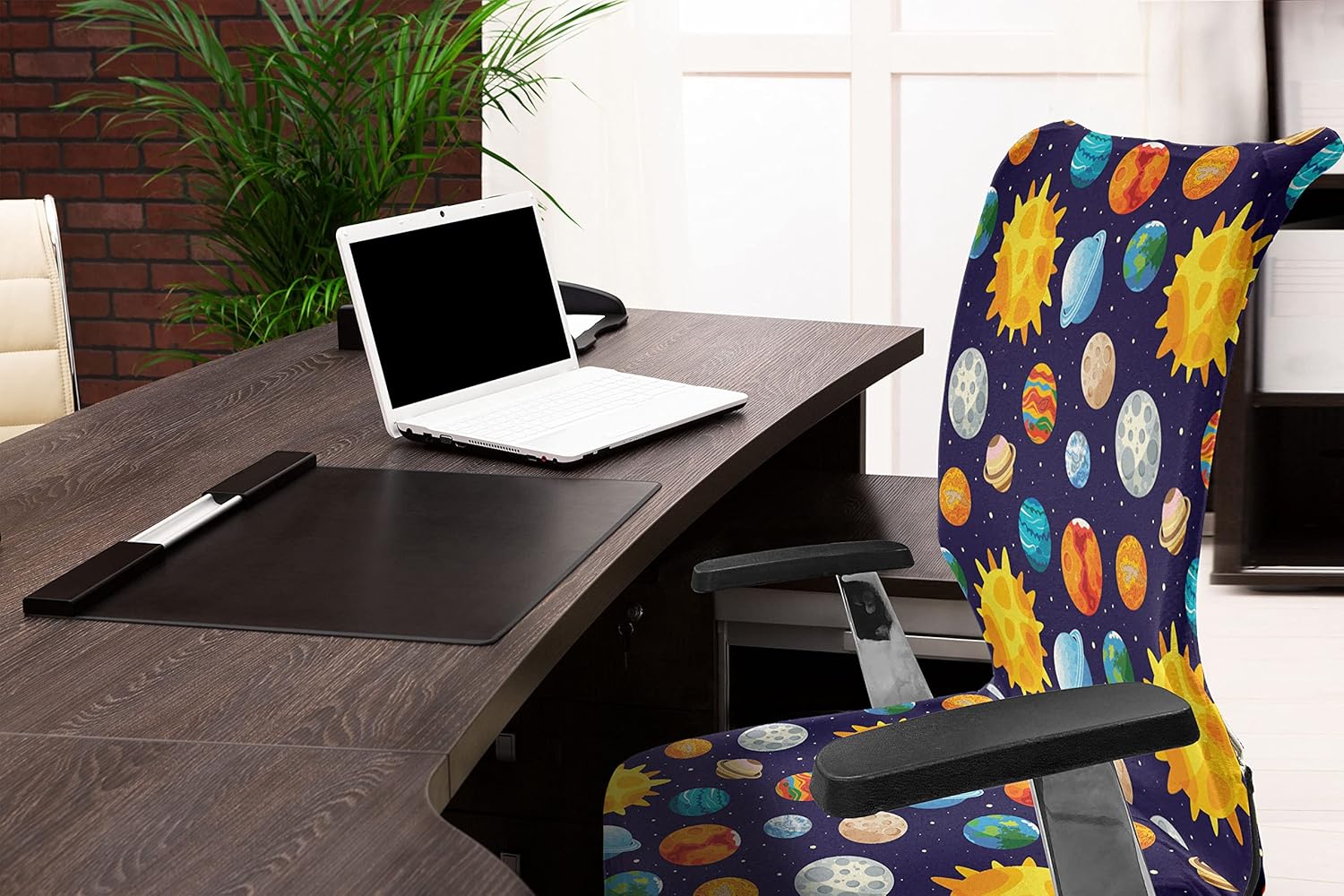 Ambesonne Outer Space Office Chair Cover, Colorful Planets Cartoon with Sun Solar System Themed Illustration, Stretchable Decorative Universal Size High Back Printed Slipcover, Indigo Yellow Orange