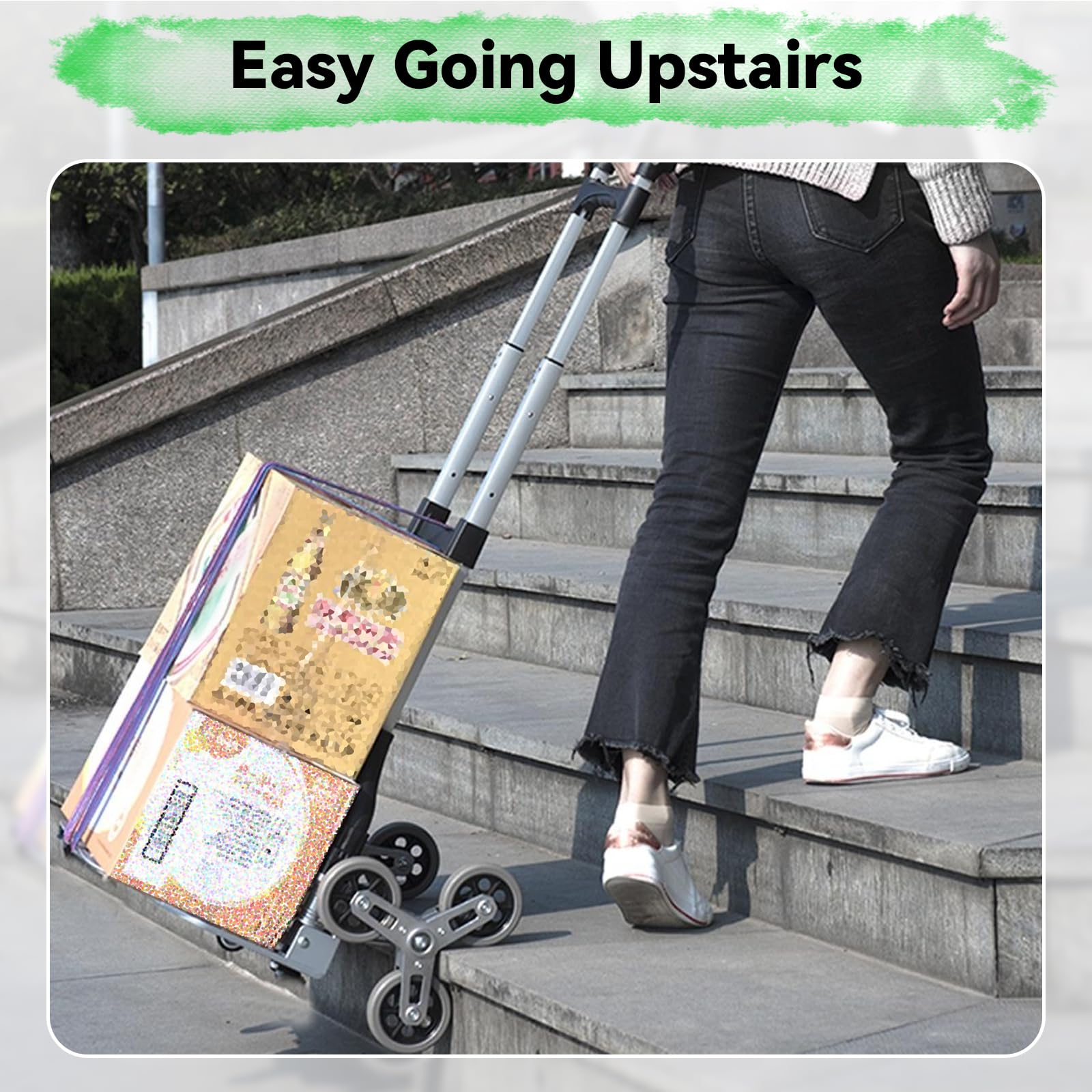 Carretilla Sube Escaleras Plegable, con Cuatro Ruedas Pequeñas Universales de 360° y 2 Piezas de Ruedas de Cristal, Mango Ajustable hasta 100 kg, Adecuada para Subir Escaleras, Mover, Transportar