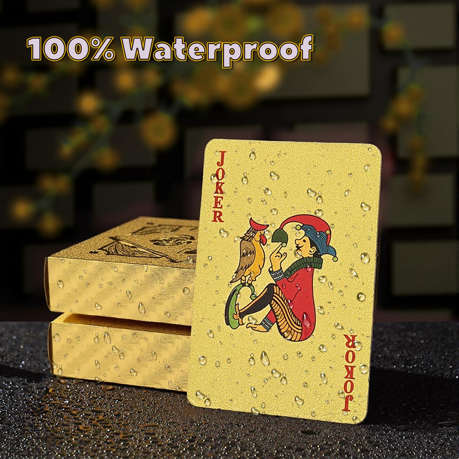 SeptCity Mazzo di carte, confezione da 2 carte da gioco impermeabili in plastica dorata per giochi da casinò, giochi in famiglia e feste a tema, per uomini
