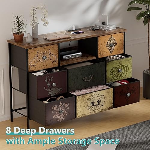 Miniatura 8 de Cómoda con Patrón con Luces LED y Tomas de Corriente, Cómoda Soporte de TV con 8 Cajones para TV de 55", Cómoda de Tela con Cajones para Dormitorio,