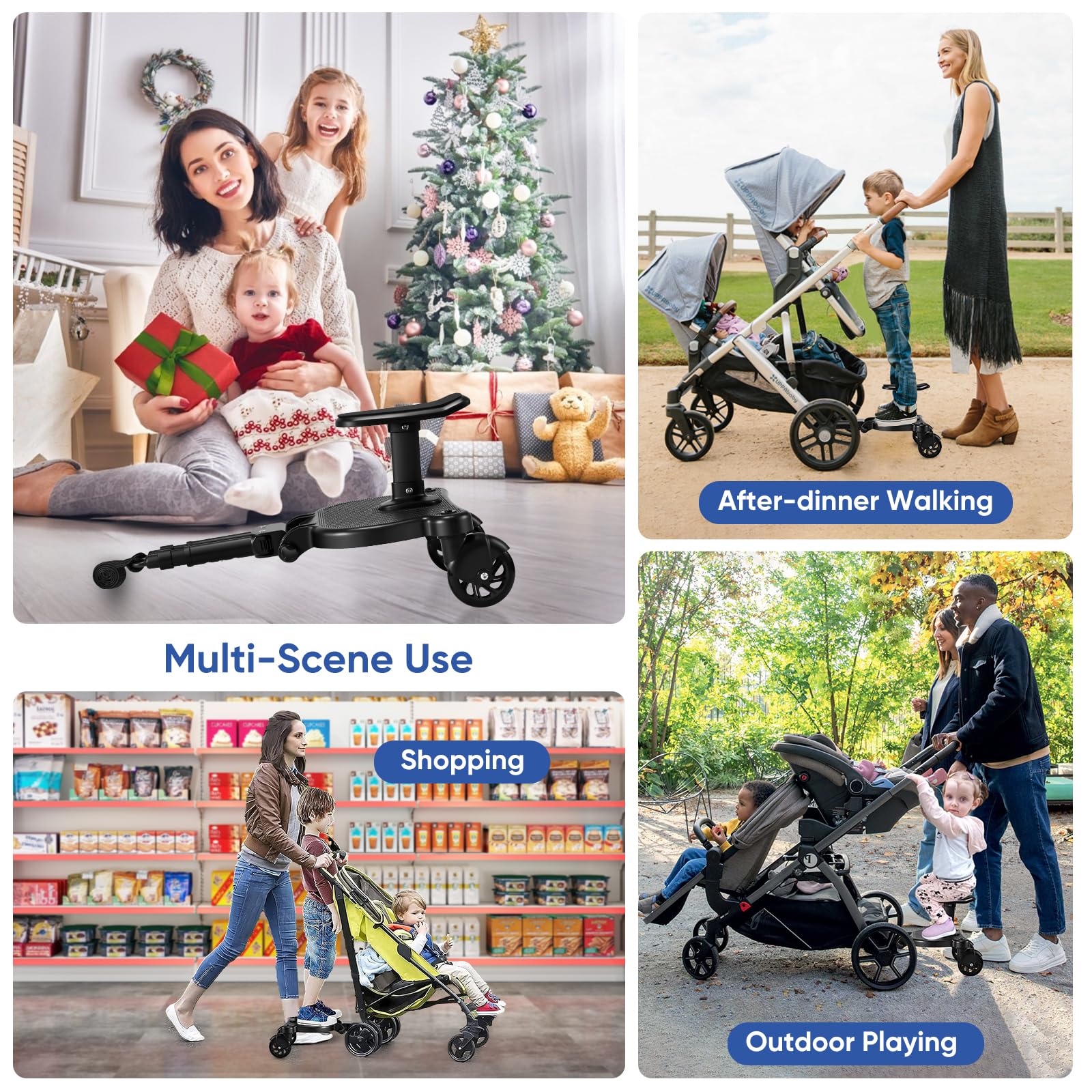 Pedana Passeggino Universale con Sedile, Tavola Passeggino con Borsa Portaoggetti per Passeggino e Fune di Sospensione, Buggy Board per Bambini da 2 a 6 Nnni (25KG)